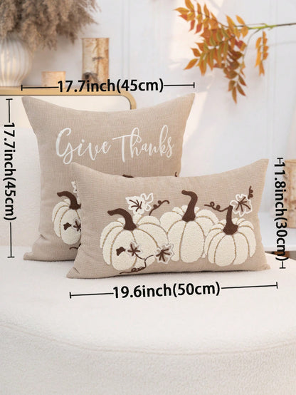 1pc Thanksgiving Khaki Pumpkin Embroidered Pillow Case, Thanksgiving Give Thanks Pillow Cover, Suitable For Indoor Decoration, Thanksgiving Decor, All Season Pillow Case, Without Insert