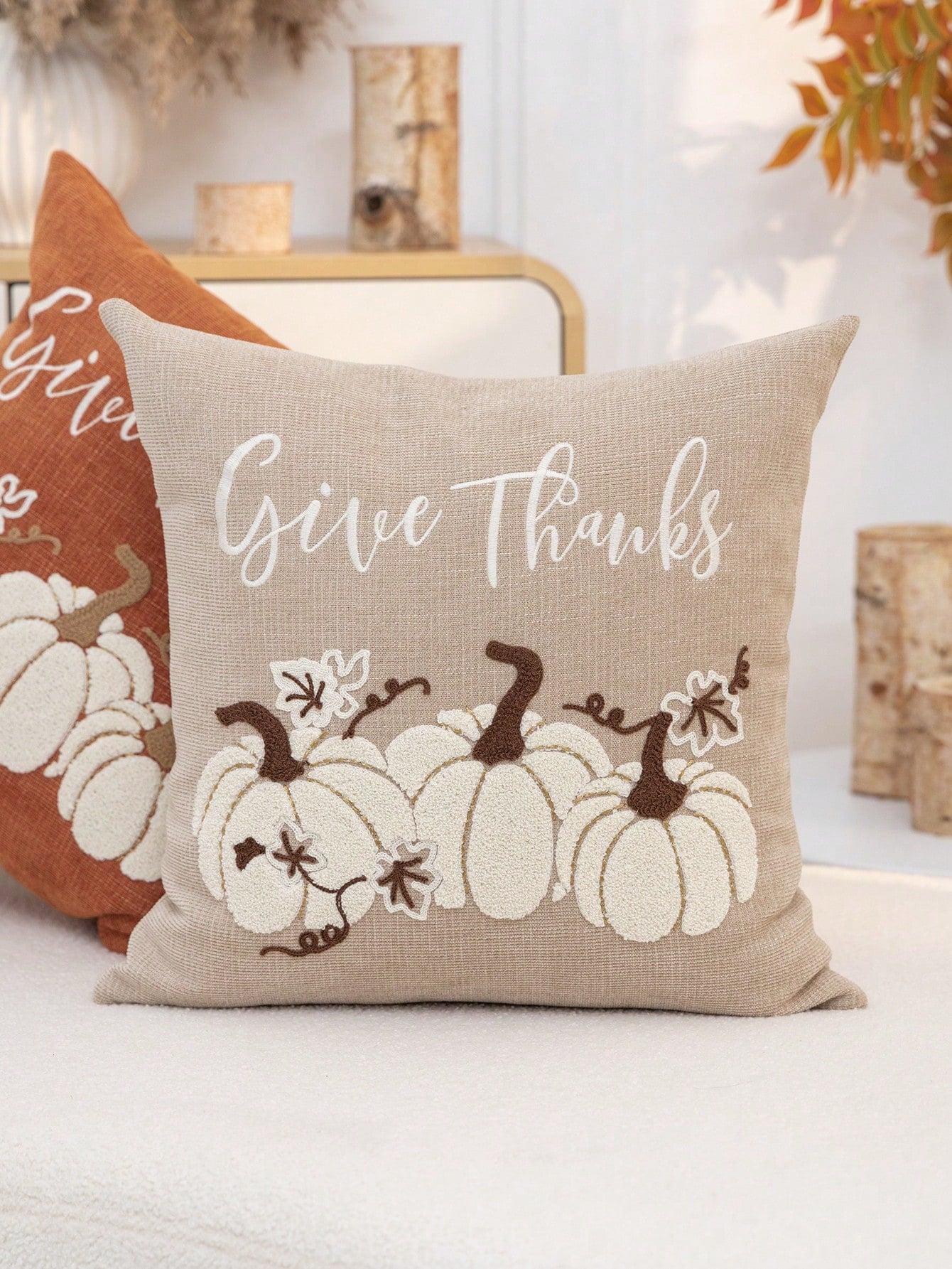 1pc Thanksgiving Khaki Pumpkin Embroidered Pillow Case, Thanksgiving Give Thanks Pillow Cover, Suitable For Indoor Decoration, Thanksgiving Decor, All Season Pillow Case, Without Insert