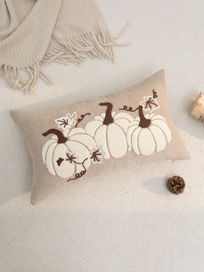 1pc Thanksgiving Khaki Pumpkin Embroidered Pillow Case, Thanksgiving Give Thanks Pillow Cover, Suitable For Indoor Decoration, Thanksgiving Decor, All Season Pillow Case, Without Insert