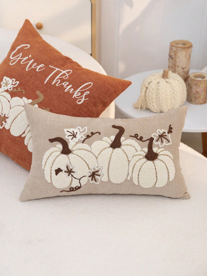 1pc Thanksgiving Khaki Pumpkin Embroidered Pillow Case, Thanksgiving Give Thanks Pillow Cover, Suitable For Indoor Decoration, Thanksgiving Decor, All Season Pillow Case, Without Insert