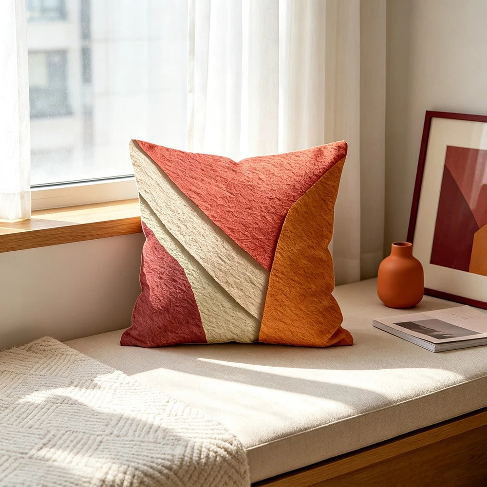 1PC Throw Pillow Cover,Orange Red Geometric Splicing Print,Minimalist Modern Style,For Window Nook Living Room Sofa Decor