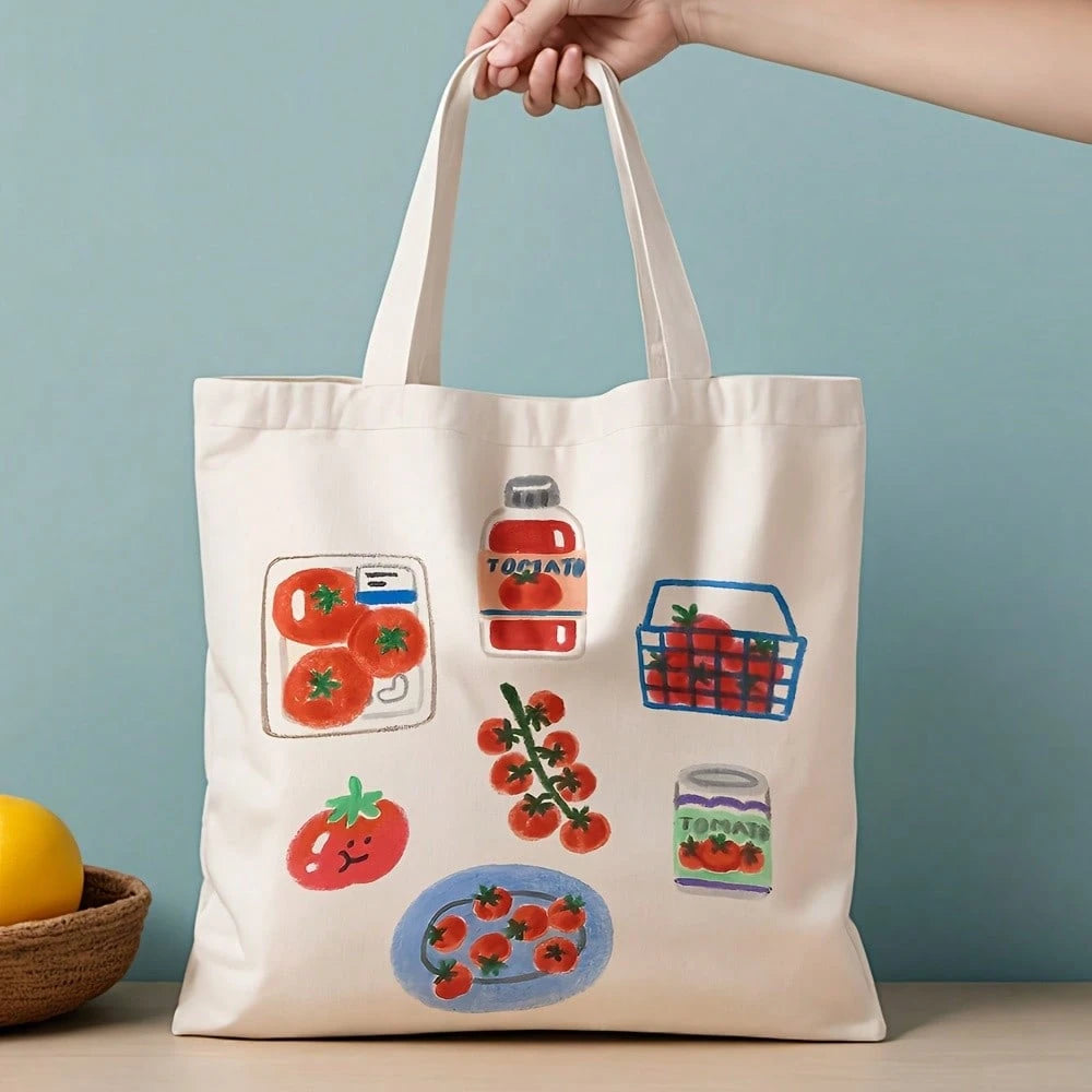 1pc[ Tomato Canvas Tote Bag] Cute Colorful Tomato Pattern Canvas Tote Bag Reusable Grocery Bag, Durable Polyester Canvas For Shopping, Beach, Commuting| Leak-Proof Stylish Summer Gift For Women