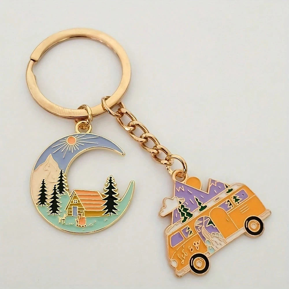 1pc Unisex Cute Doodle Painting Landscape Camping Van Pendant Key Chain Bag Charm Y2K