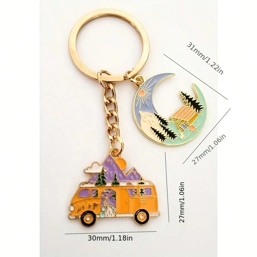 1pc Unisex Cute Doodle Painting Landscape Camping Van Pendant Key Chain Bag Charm Y2K