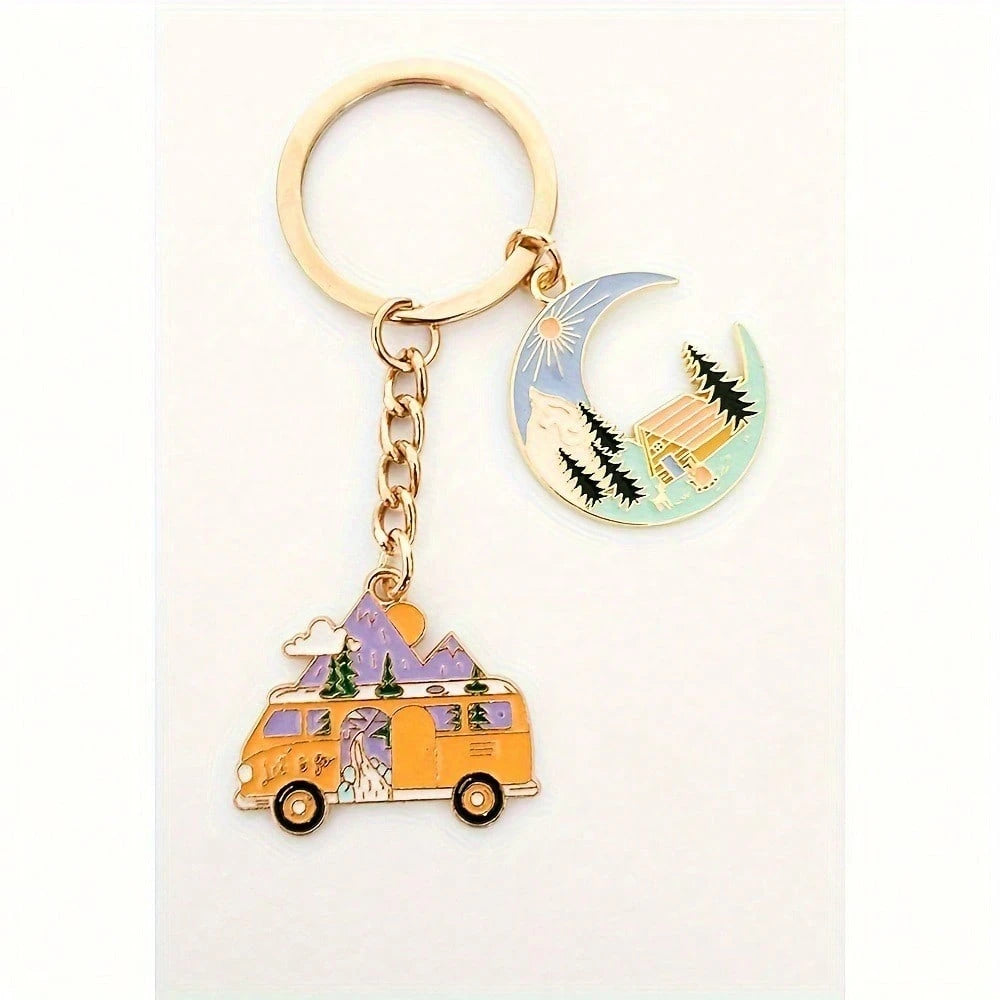 1pc Unisex Cute Doodle Painting Landscape Camping Van Pendant Key Chain Bag Charm Y2K