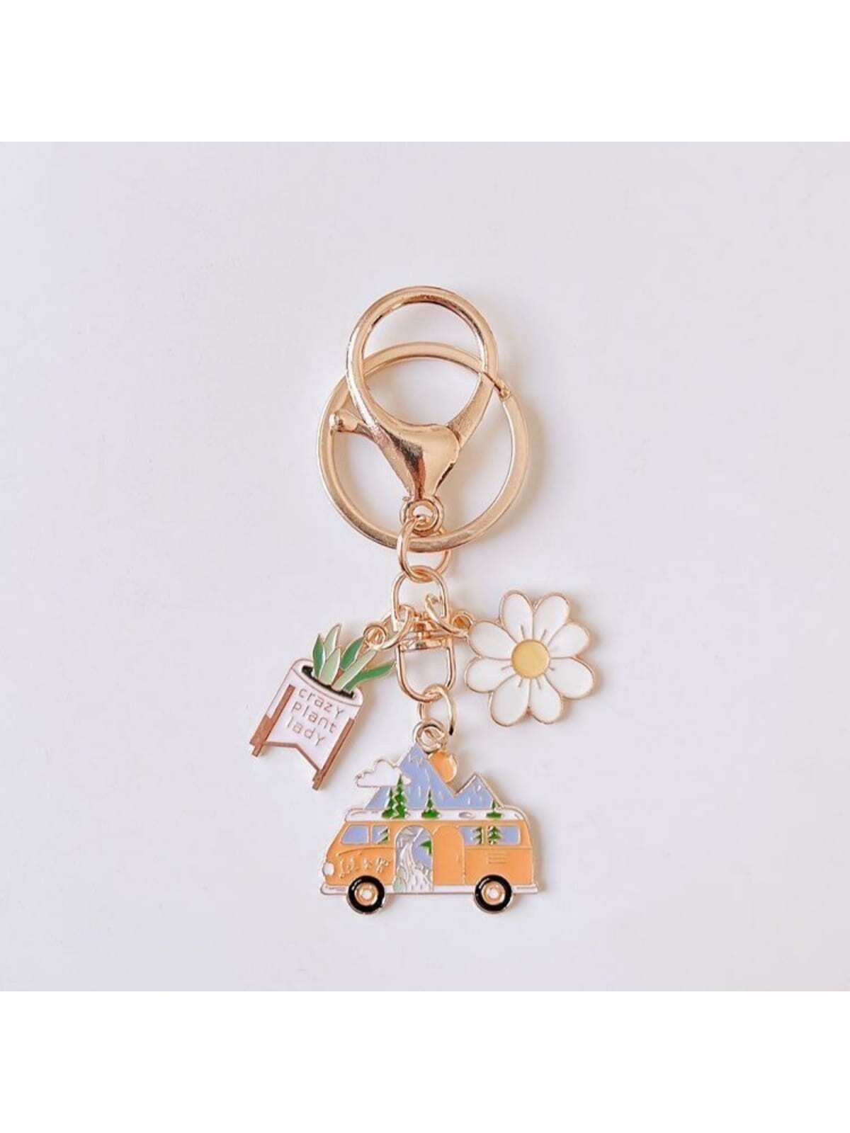1pc Unisex Cute Doodle Painting Landscape Camping Van Pendant Key Chain Bag Charm Y2K