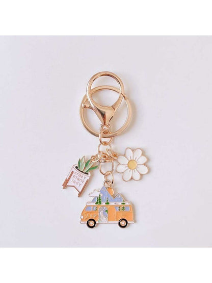 1pc Unisex Cute Doodle Painting Landscape Camping Van Pendant Key Chain Bag Charm Y2K