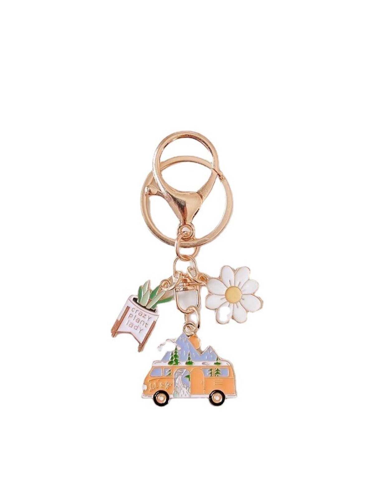 1pc Unisex Cute Doodle Painting Landscape Camping Van Pendant Key Chain Bag Charm Y2K