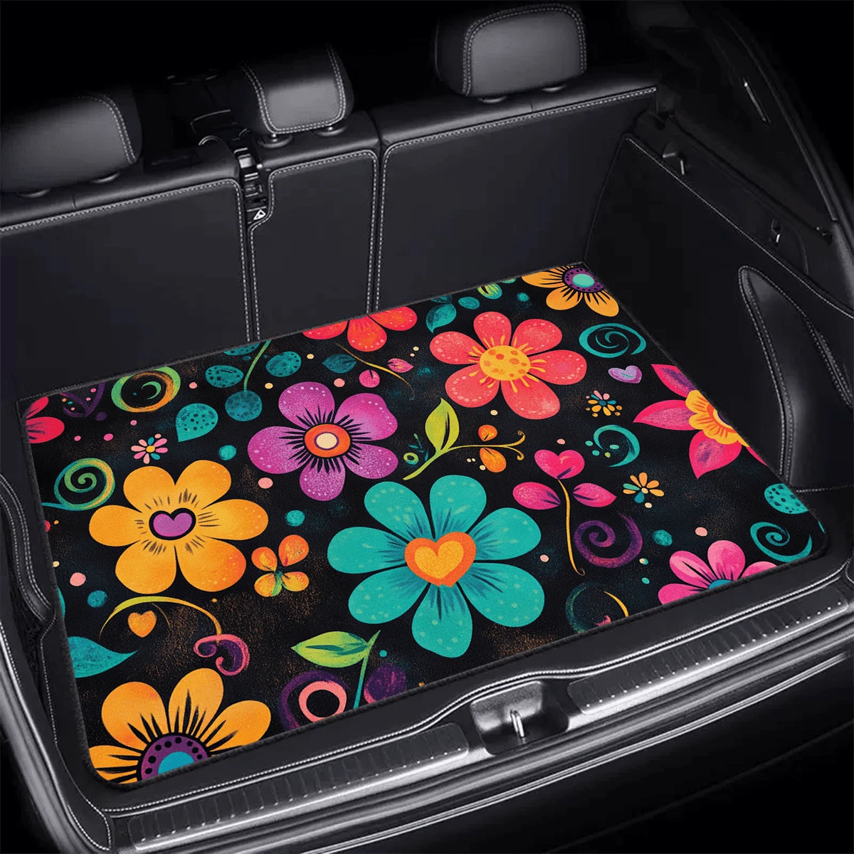 1pc Vibrant Floral Trunk Mat- Anti-Slip, Non-Slip Rubber Foot Pad For Car Interior, Available In Black With Colorful Petal Design, Ideal For Storage And Decor, Trunk Storage Solution|Decorative Trunk
