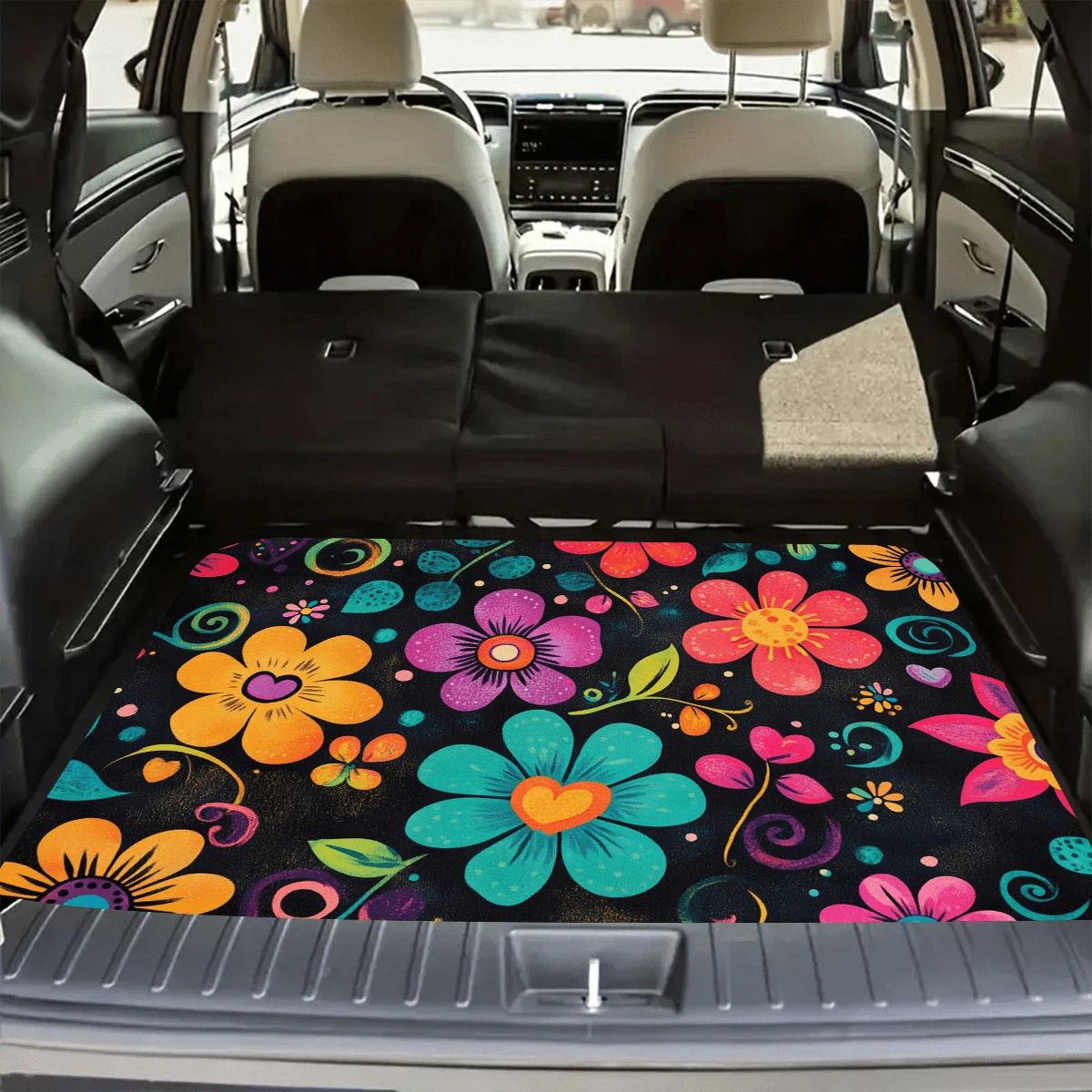 1pc Vibrant Floral Trunk Mat- Anti-Slip, Non-Slip Rubber Foot Pad For Car Interior, Available In Black With Colorful Petal Design, Ideal For Storage And Decor, Trunk Storage Solution|Decorative Trunk