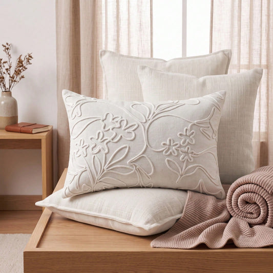 1pc Vintage Floral Embroidered Cushion Cover, Rustic Cream Decorative Pillow Case, Textured Tufted Lumbar Pillow Cover For Sofa, Bed & Couch