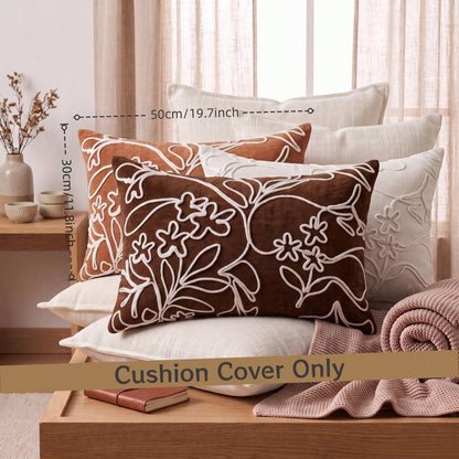 1pc Vintage Floral Embroidered Cushion Cover, Rustic Cream Decorative Pillow Case, Textured Tufted Lumbar Pillow Cover For Sofa, Bed & Couch