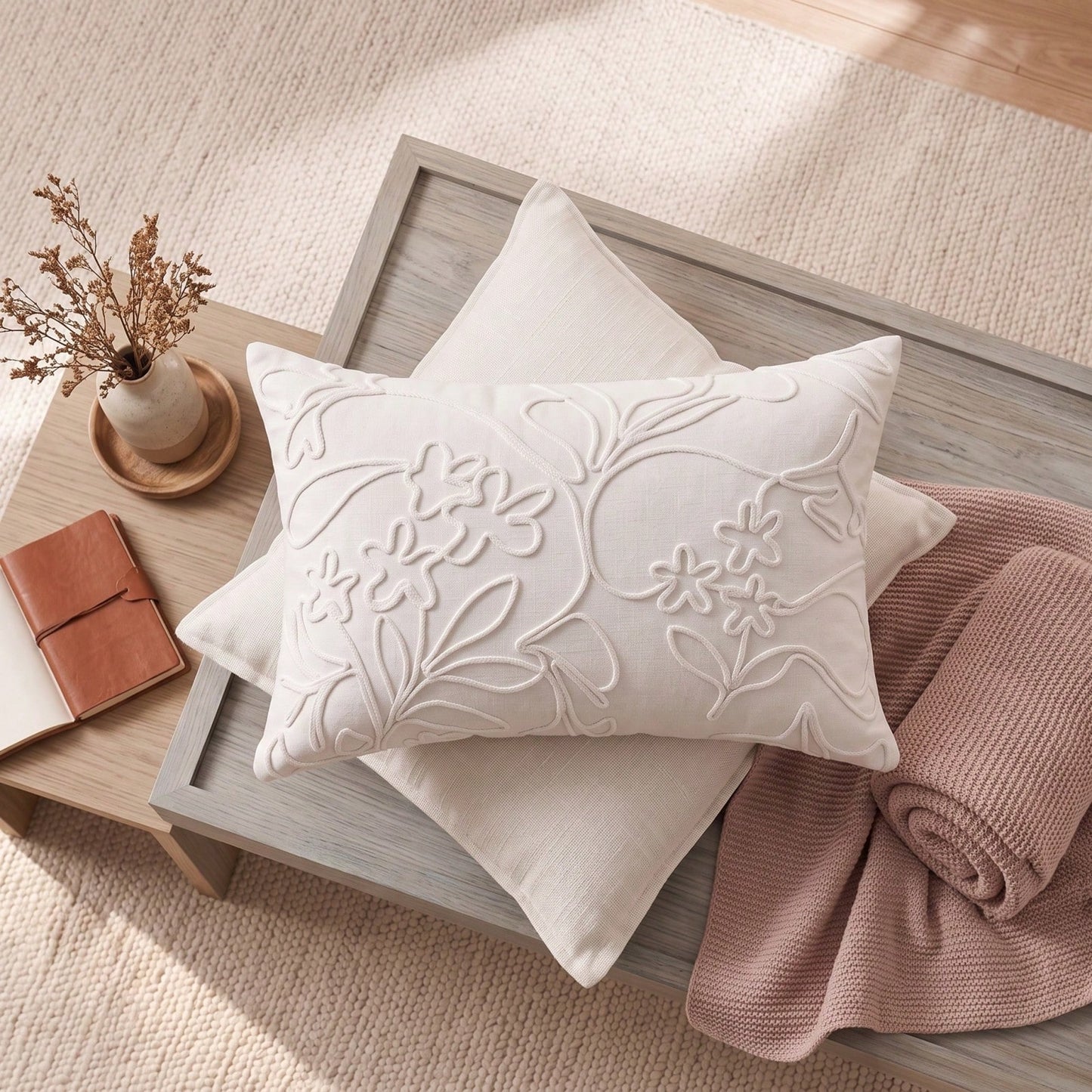 1pc Vintage Floral Embroidered Cushion Cover, Rustic Cream Decorative Pillow Case, Textured Tufted Lumbar Pillow Cover For Sofa, Bed & Couch