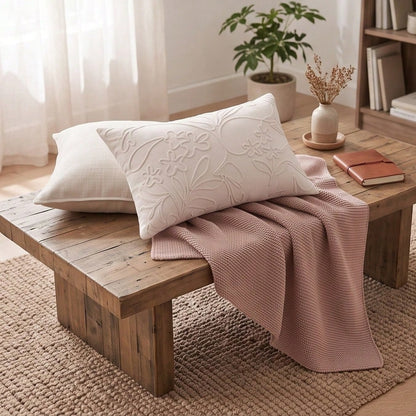 1pc Vintage Floral Embroidered Cushion Cover, Rustic Cream Decorative Pillow Case, Textured Tufted Lumbar Pillow Cover For Sofa, Bed & Couch
