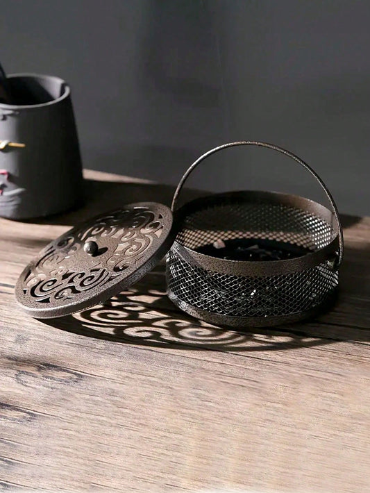 1pc Vintage Metal Mosquito Coil Burner, Mosquito Coil Holder, Portable Iron Incense Burner With Floral Pattern And Handle, Suitable For Home And Outdoor Use