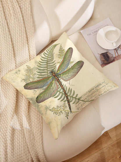 1pc Vintage Plant & Dragonfly Pattern Printed Pillow Cover, Single-Sided Printing, Modern Home Decorative Pillow Case(Does Not Include Filling)