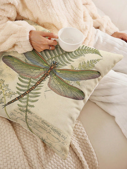1pc Vintage Plant & Dragonfly Pattern Printed Pillow Cover, Single-Sided Printing, Modern Home Decorative Pillow Case(Does Not Include Filling)