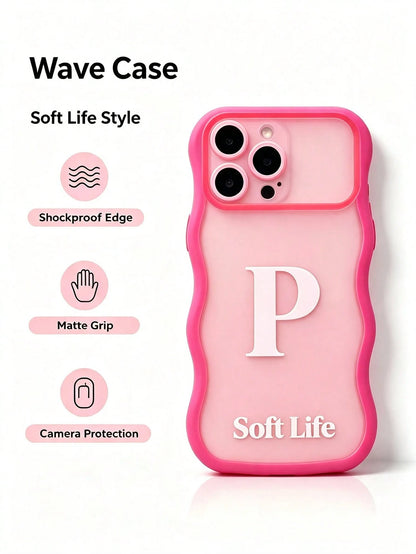 1pc Wavy Border Letter P Soft Life Smartphone Case Compatible With Apple 11 12 13 14 15 16 17 Pro Matte Anti-Fingerprint Shockproof Protective Phone Cover