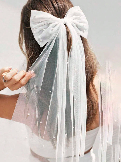 1pc White Bride Birdcage Veil, Faux Pearl Mesh Veil, Simple Style For Wedding Registration, Short Veil For Party, Faux Pearl Hair Clip, Wedding Dress Accessory, Simple Design Veil Hair Clip