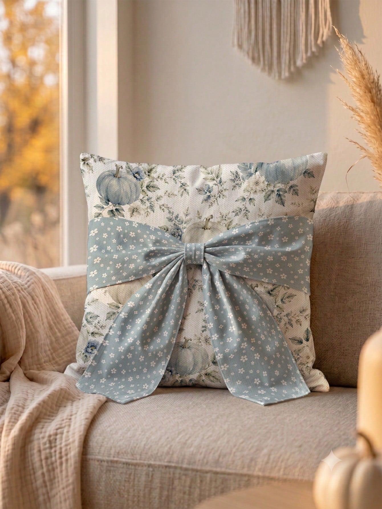 1pc White Floral 3D Long Ribbon Large Bowknot, Blue & White Autumn Floral Pumpkin Pattern Cushion Cover, Single-Sided Printed Faux Linen Material, 45*45CM Pillow Case Suitable For Home Indoor Room Liv