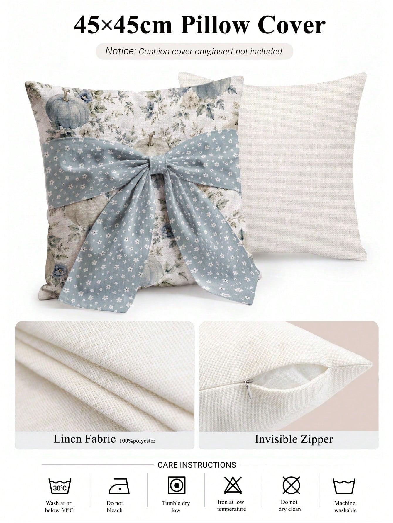 1pc White Floral 3D Long Ribbon Large Bowknot, Blue & White Autumn Floral Pumpkin Pattern Cushion Cover, Single-Sided Printed Faux Linen Material, 45*45CM Pillow Case Suitable For Home Indoor Room Liv