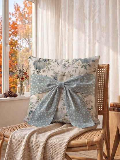 1pc White Floral 3D Long Ribbon Large Bowknot, Blue & White Autumn Floral Pumpkin Pattern Cushion Cover, Single-Sided Printed Faux Linen Material, 45*45CM Pillow Case Suitable For Home Indoor Room Liv