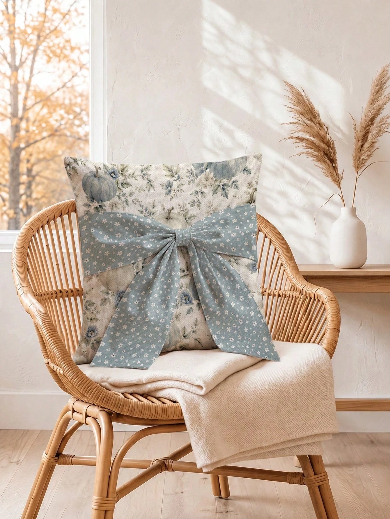 1pc White Floral 3D Long Ribbon Large Bowknot, Blue & White Autumn Floral Pumpkin Pattern Cushion Cover, Single-Sided Printed Faux Linen Material, 45*45CM Pillow Case Suitable For Home Indoor Room Liv