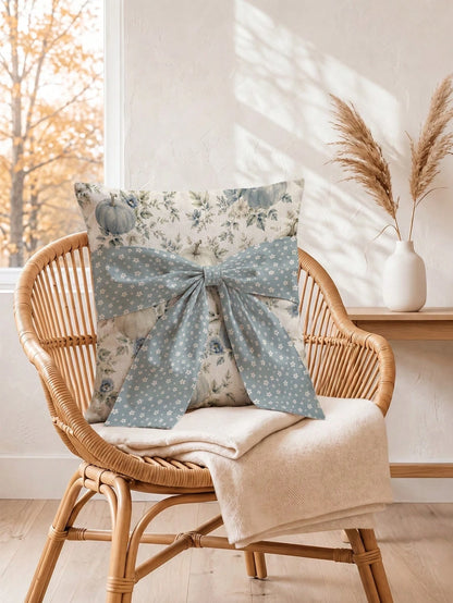 1pc White Floral 3D Long Ribbon Large Bowknot, Blue & White Autumn Floral Pumpkin Pattern Cushion Cover, Single-Sided Printed Faux Linen Material, 45*45CM Pillow Case Suitable For Home Indoor Room Liv