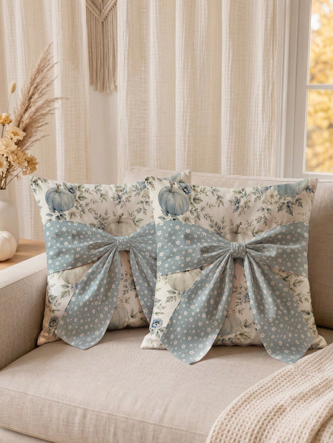 1pc White Floral 3D Long Ribbon Large Bowknot, Blue & White Autumn Floral Pumpkin Pattern Cushion Cover, Single-Sided Printed Faux Linen Material, 45*45CM Pillow Case Suitable For Home Indoor Room Liv
