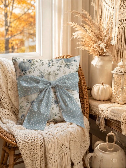 1pc White Floral 3D Long Ribbon Large Bowknot, Blue & White Autumn Floral Pumpkin Pattern Cushion Cover, Single-Sided Printed Faux Linen Material, 45*45CM Pillow Case Suitable For Home Indoor Room Liv