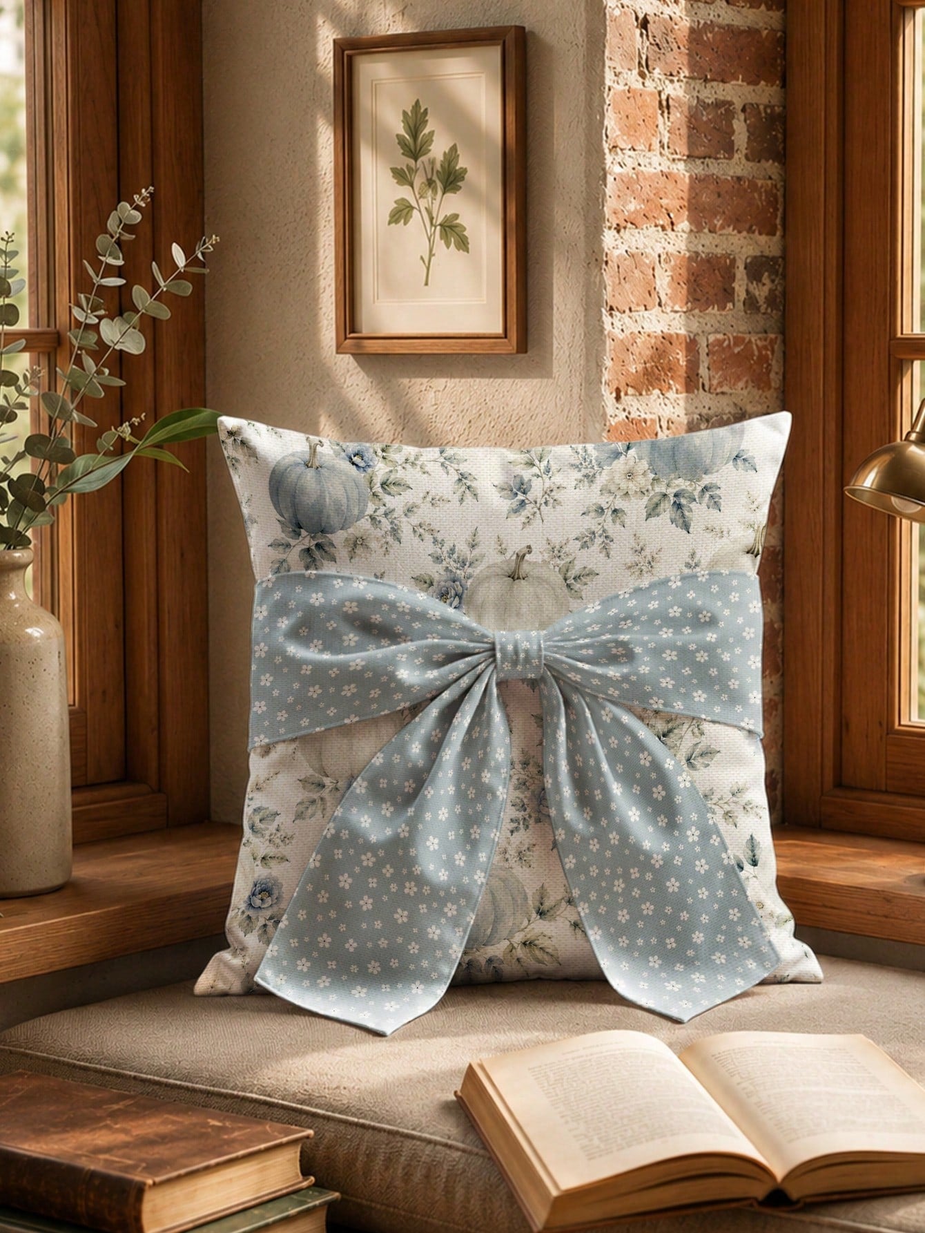 1pc White Floral 3D Long Ribbon Large Bowknot, Blue & White Autumn Floral Pumpkin Pattern Cushion Cover, Single-Sided Printed Faux Linen Material, 45*45CM Pillow Case Suitable For Home Indoor Room Liv