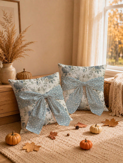 1pc White Floral 3D Long Ribbon Large Bowknot, Blue & White Autumn Floral Pumpkin Pattern Cushion Cover, Single-Sided Printed Faux Linen Material, 45*45CM Pillow Case Suitable For Home Indoor Room Liv