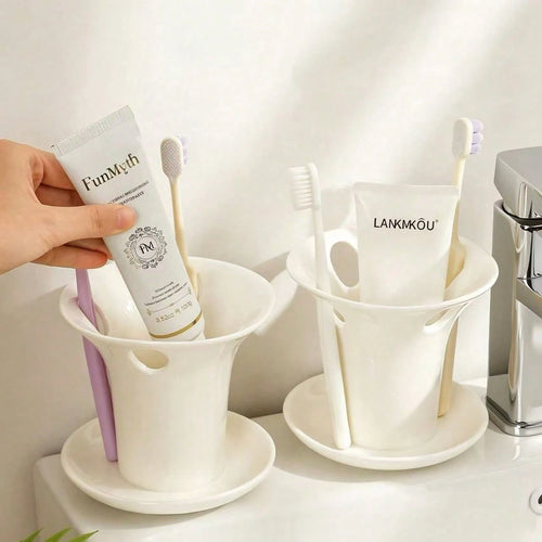1pc White Plastic Toothbrush Holder, Minimalist Bathroom Organizer With Drain Tray, Multi-Purpose Storage Cup For Toothpaste & Brushes, Nordic Style Bathroom Decor