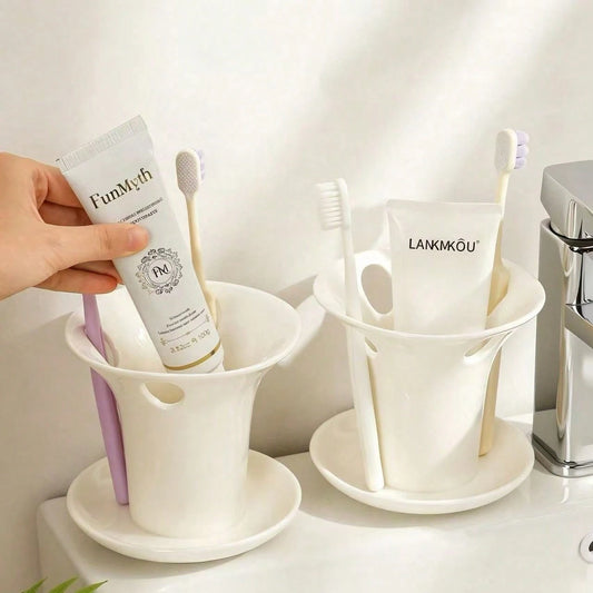 1pc White Plastic Toothbrush Holder, Minimalist Bathroom Organizer With Drain Tray, Multi-Purpose Storage Cup For Toothpaste & Brushes, Nordic Style Bathroom Decor