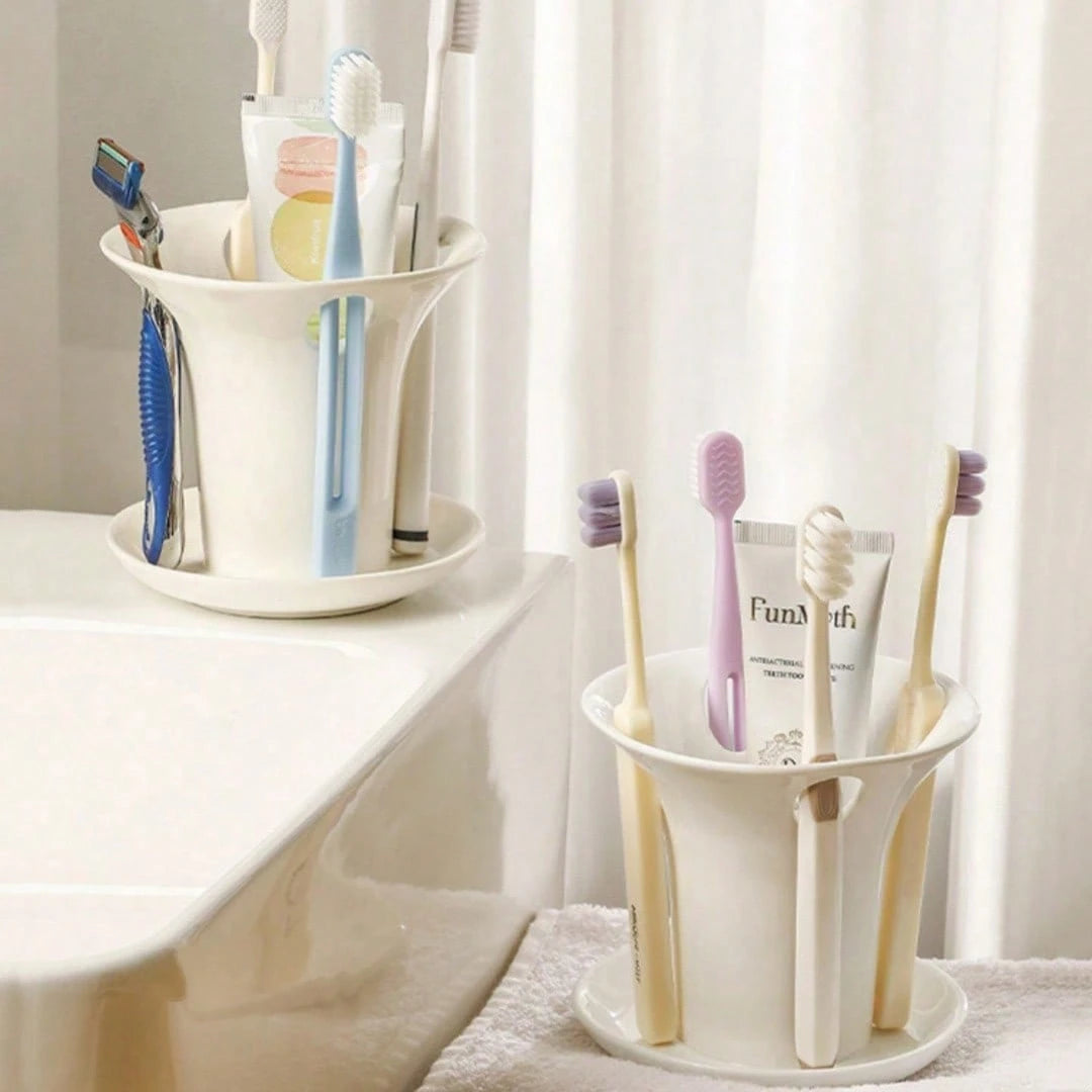 1pc White Plastic Toothbrush Holder, Minimalist Bathroom Organizer With Drain Tray, Multi-Purpose Storage Cup For Toothpaste & Brushes, Nordic Style Bathroom Decor