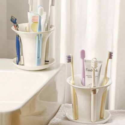1pc White Plastic Toothbrush Holder, Minimalist Bathroom Organizer With Drain Tray, Multi-Purpose Storage Cup For Toothpaste & Brushes, Nordic Style Bathroom Decor