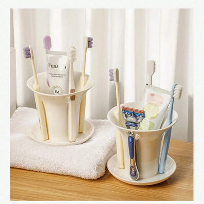 1pc White Plastic Toothbrush Holder, Minimalist Bathroom Organizer With Drain Tray, Multi-Purpose Storage Cup For Toothpaste & Brushes, Nordic Style Bathroom Decor