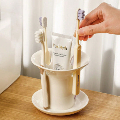 1pc White Plastic Toothbrush Holder, Minimalist Bathroom Organizer With Drain Tray, Multi-Purpose Storage Cup For Toothpaste & Brushes, Nordic Style Bathroom Decor