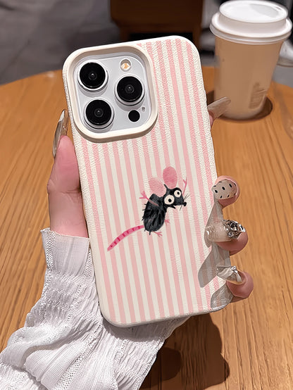 1pc White Striped Cartoon Cute Mouse Minimalist Shockproof TPU Phone Case, Compatible With Apple 17, 16, 15, 14, 13, 12, 11 Pro Max, Air, And Series