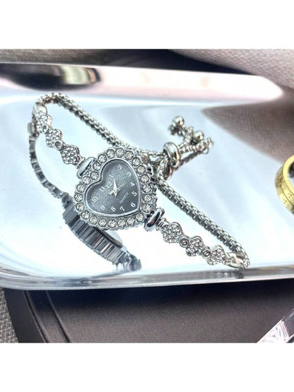 1pc Women's Alloy Bracelet Fashion Heart-Shaped Case Arabic Dial Quartz Watch With Drawstring, Suitable For Decoration
