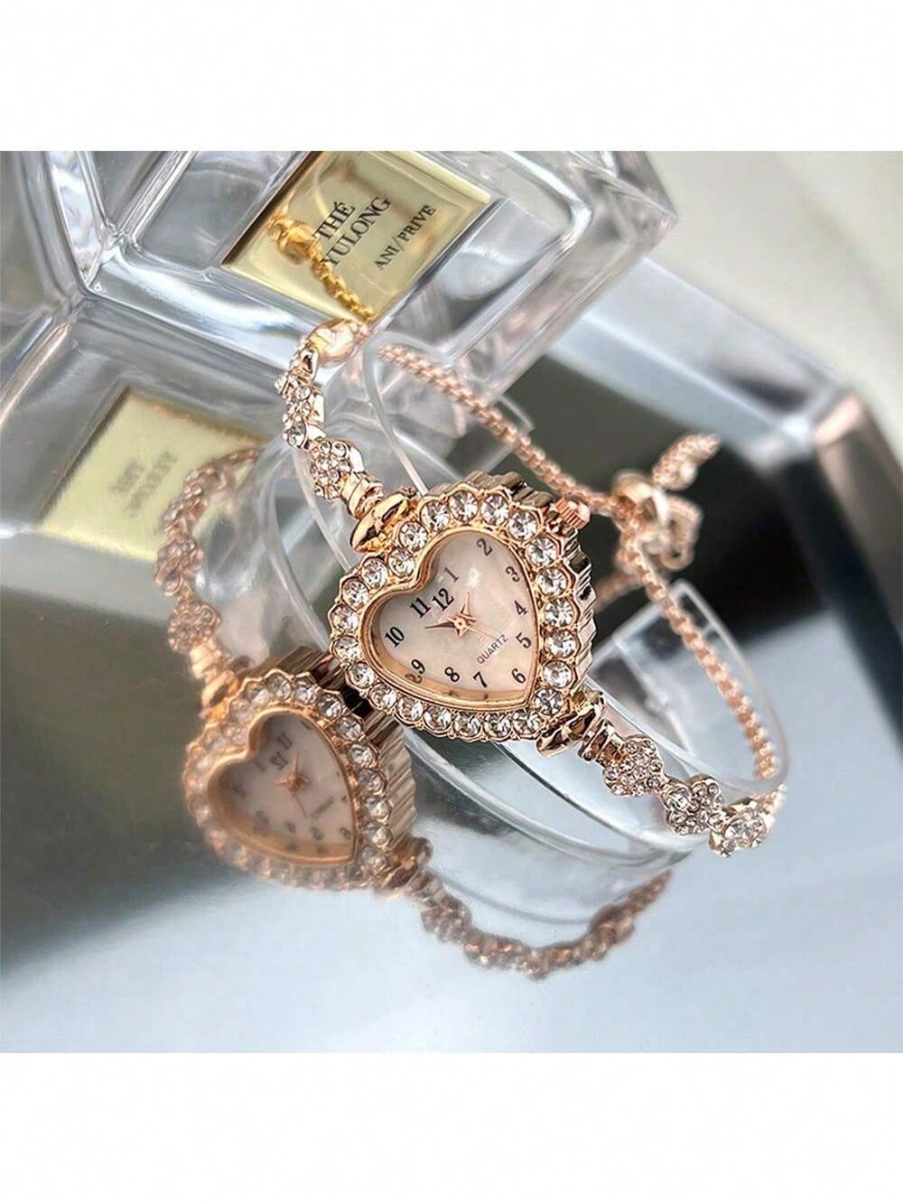 1pc Women's Alloy Bracelet Fashion Heart-Shaped Case Arabic Dial Quartz Watch With Drawstring, Suitable For Decoration