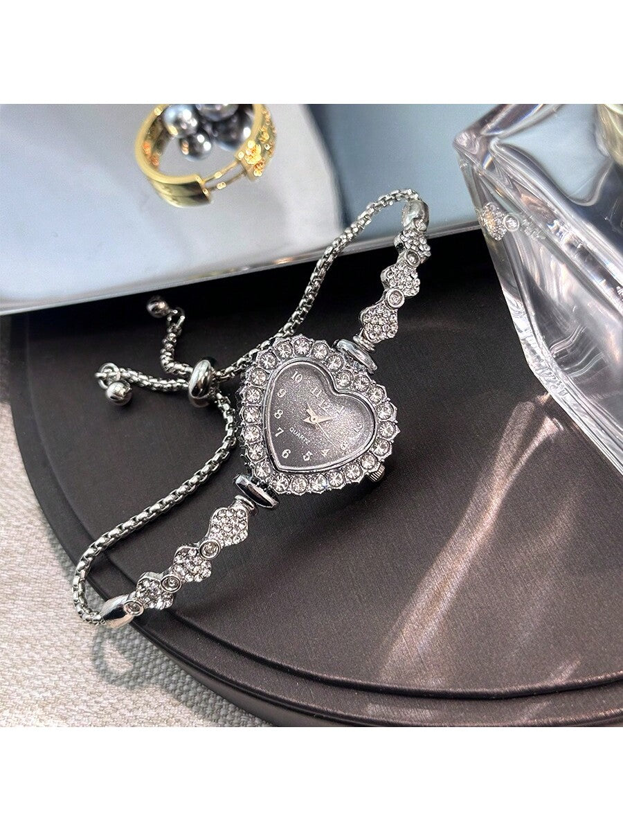 1pc Women's Alloy Bracelet Fashion Heart-Shaped Case Arabic Dial Quartz Watch With Drawstring, Suitable For Decoration
