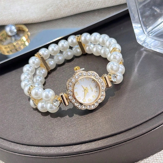 1pc Women's Double Strand Pearl Elastic Crystal Inlaid Alloy Casing Arabic Numeral Dial Casual Quartz Watch