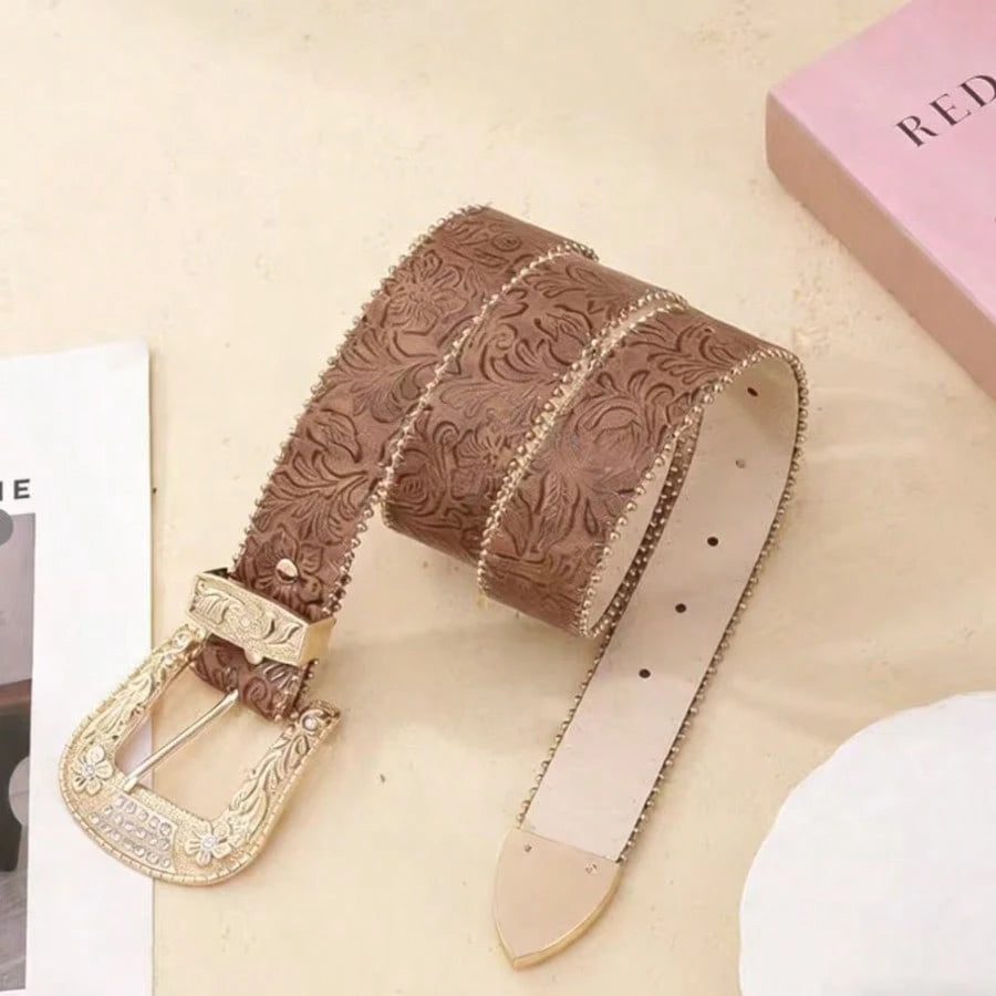 1pc Women's Embossed Western Cowgirl Style Beaded Buckle PU Leather Belt, Suitable For Daily Wear