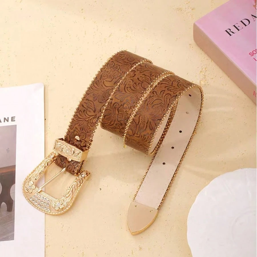 1pc Women's Embossed Western Cowgirl Style Beaded Buckle PU Leather Belt, Suitable For Daily Wear
