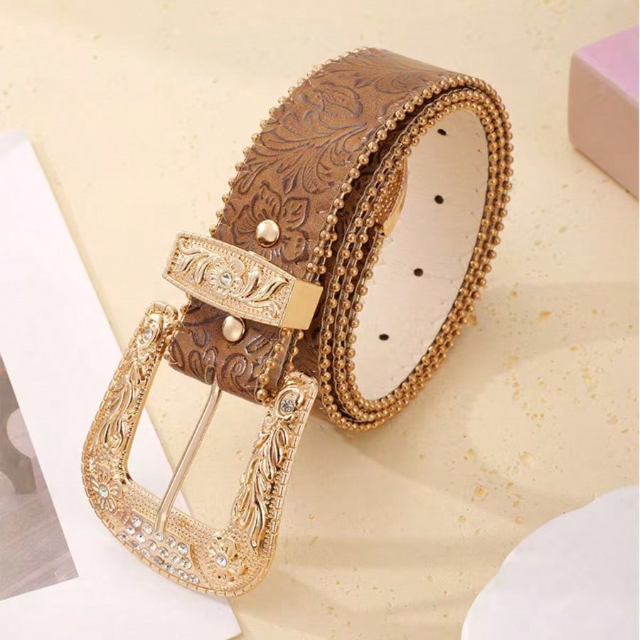 1pc Women's Embossed Western Cowgirl Style Beaded Buckle PU Leather Belt, Suitable For Daily Wear