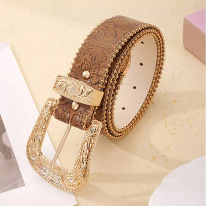 1pc Women's Embossed Western Cowgirl Style Beaded Buckle PU Leather Belt, Suitable For Daily Wear