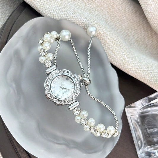1pc Women's Fashion Quartz Watch With Double Pearl-Studded Adjustable Retractable Chain, Alloy Case, Arabic Numeral Dial, Elegant Design For Ladies Student