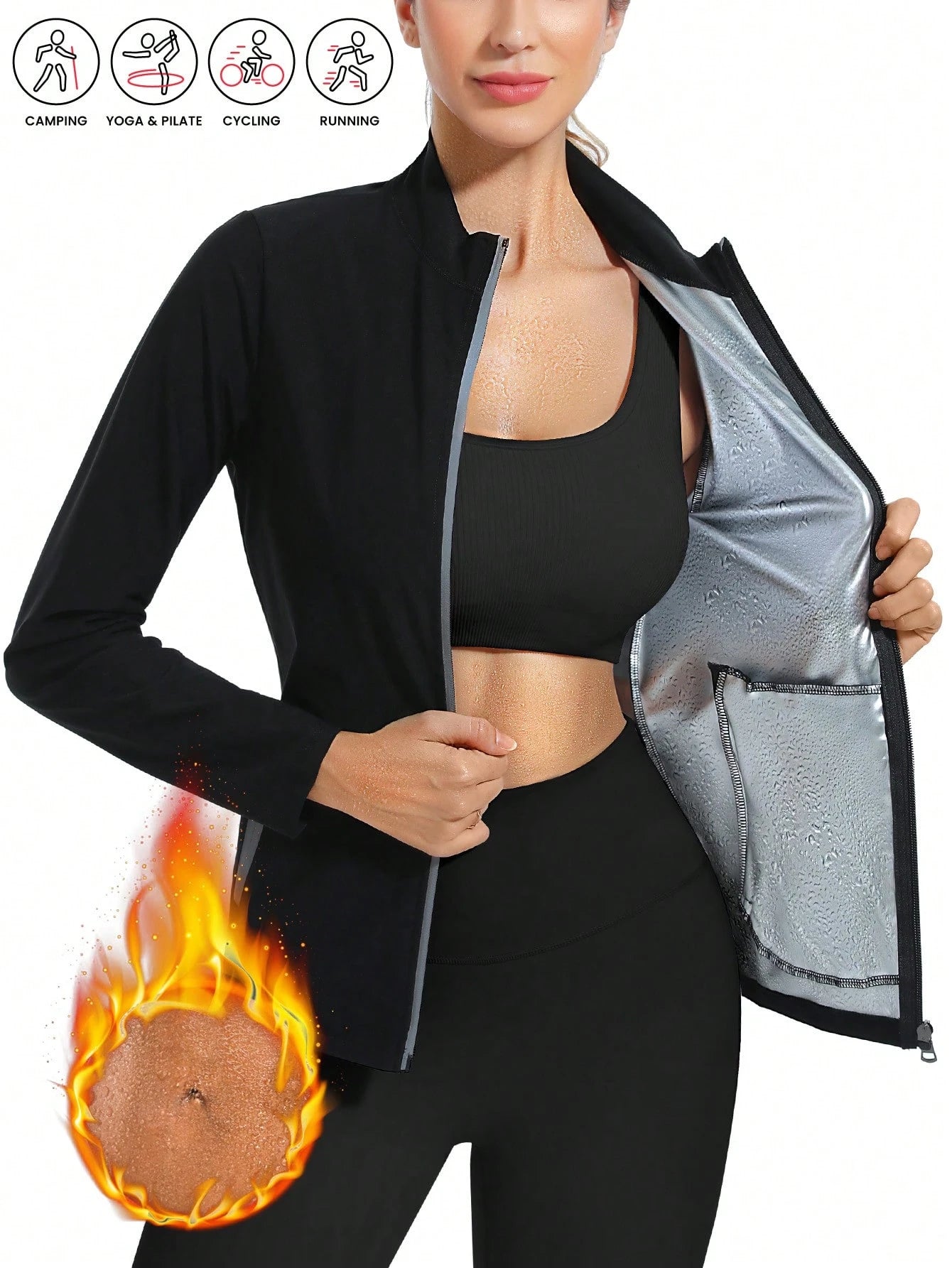 1pc Women's Long Sleeve Stand Collar Sports Sweatshirt, Zippered Moisture Wicking Sauna Suit, Solid Color Sauna Suit For Female Athletes, Yoga Fitness Wear For Weight Loss & Calorie Burning, Sweating