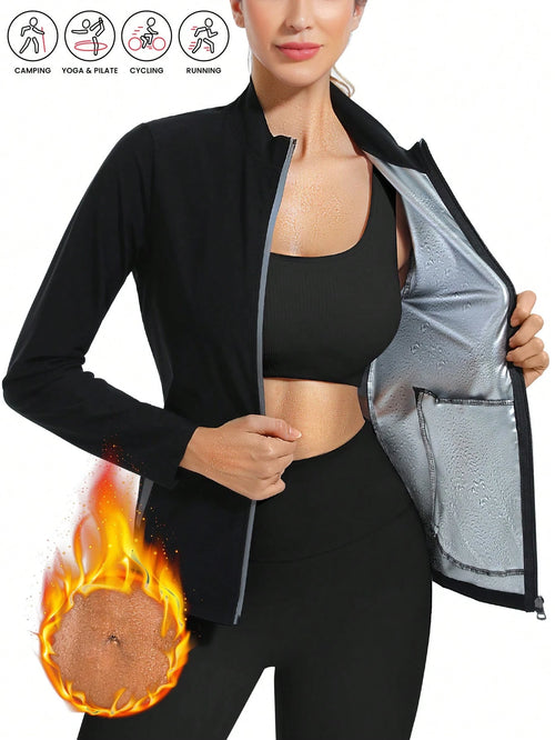 1pc Women's Long Sleeve Stand Collar Sports Sweatshirt, Zippered Moisture Wicking Sauna Suit, Solid Color Sauna Suit For Female Athletes, Yoga Fitness Wear For Weight Loss & Calorie Burning, Sweating